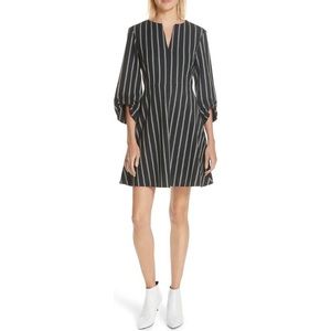 Tibi Gathered Sleeve Striped Fit And Flare Dress In Navy